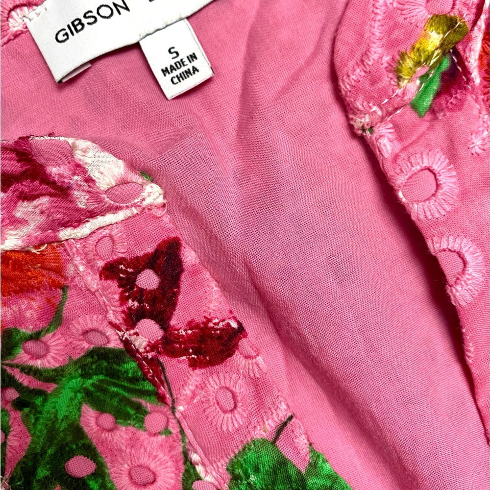 Gibson Latimer Pink Floral Eyelet Dress Small Cotton Puff Sleeve Tiered Midi - Picture 4 of 13
